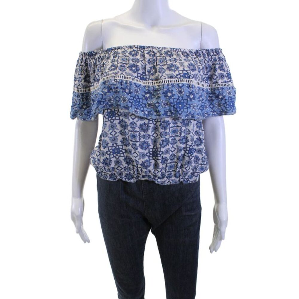 Miss June Womens Blue Floral Cotton Bohemian Short Sleeve Blouse Size S